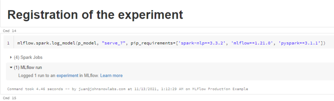 Registration of a Spark NLP MLFlow experiment
